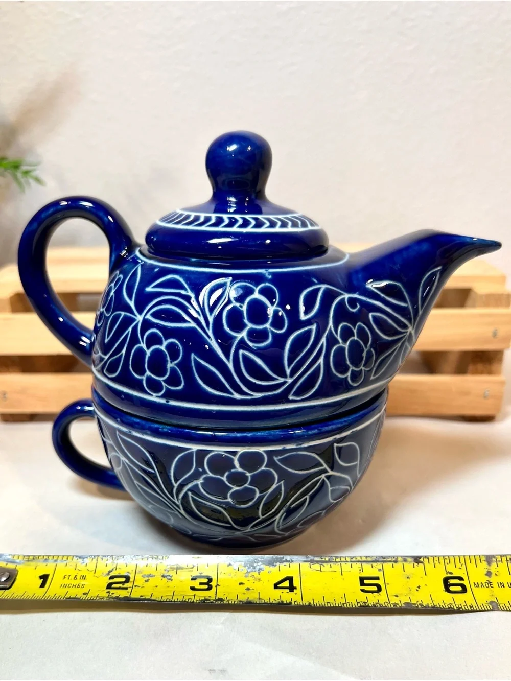 💥3/$50 Jaipur Blue Vintage Pottery Flowers Desert Sands Teapot w Stackable Cup
